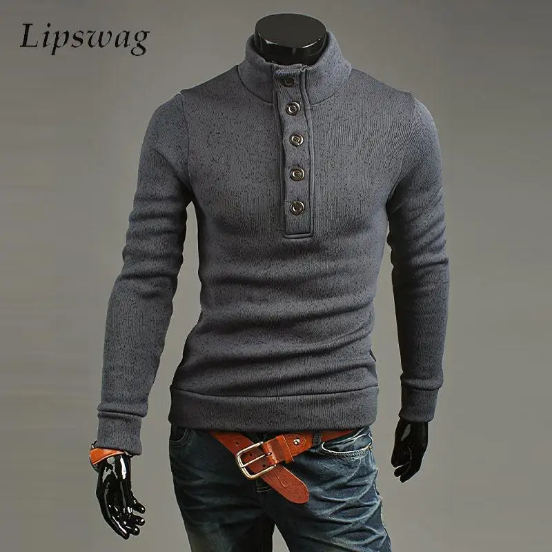 

Casual Slim Fit Long Sleeve Sweater Mens Turtleneck Buttoned Knitting Jacquard Sweatshirts Fall Men Fashion Sweaters Streetwear