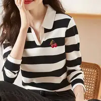 Women Korean Fashion Striped Print Elegant Polo Collar T-shirt Spring Autumn Female Casual Long Sleeve Loose Chic All Match Tops - Image 2