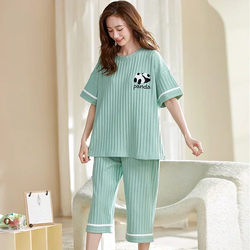 SUKAE Lady Pajamas Set M-5XL Big Size Calf-length O-Neck Sleepwear Women Cotton Vintage Comfortable Casual Pijamas Woman women pajamas set women pajama suit cotton pajamas set