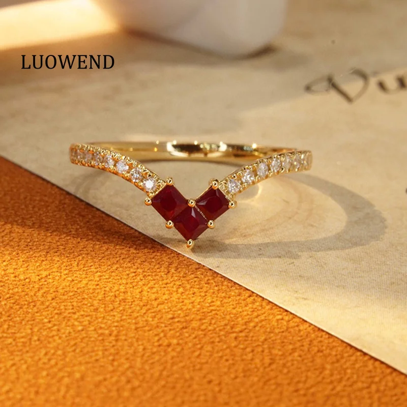 

LUOWEND 100% 18K кольца из желтого золота модные V-образные дизайнерские настоящие натуральные бриллианты натуральный рубин кольцо для женщин яркие ювелирные изделия