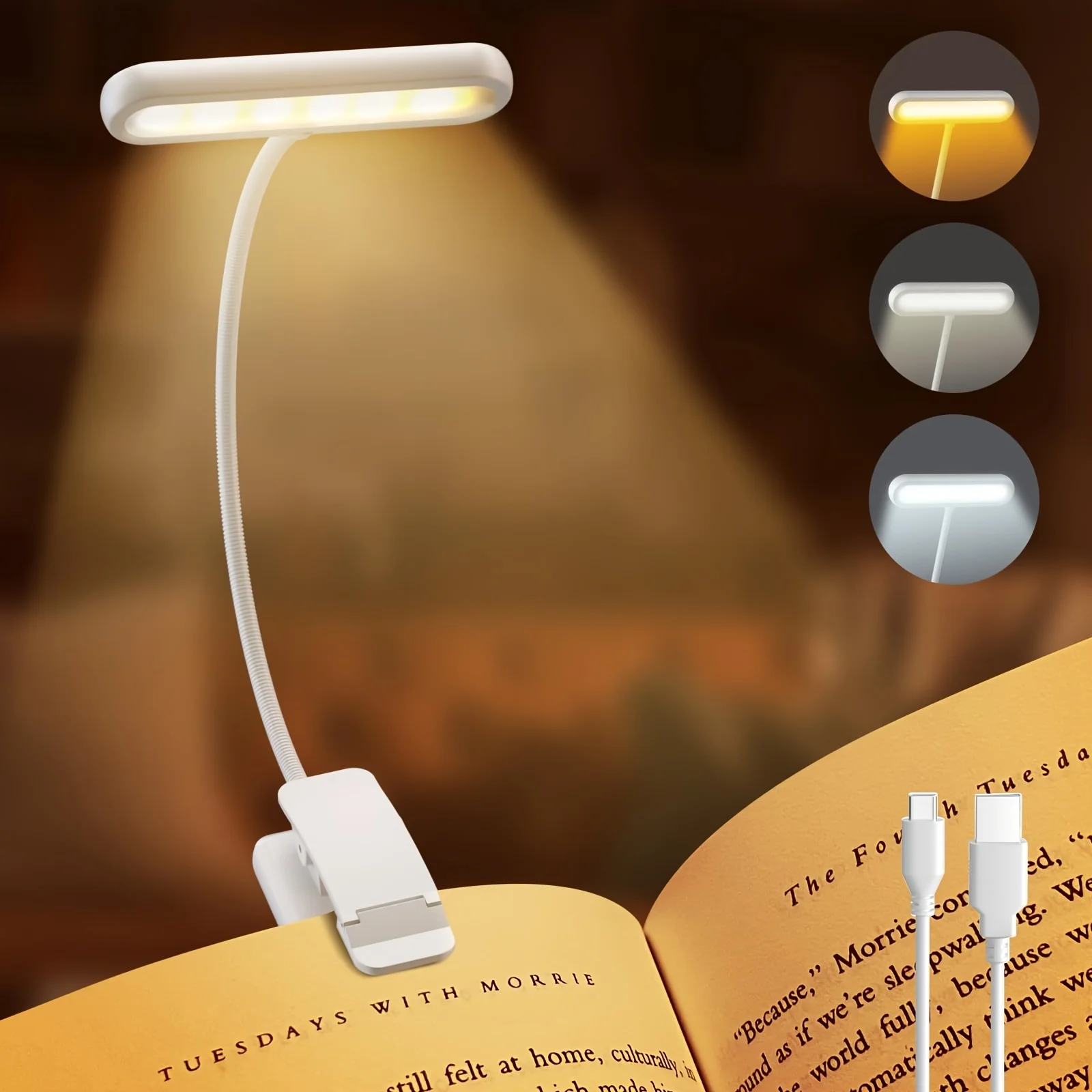 1 pcs USB Rechargeable Book Light 3 Color Adjustable LED Reading Lamp with Clamp Eye-Care Night Light for Bed, Study Desk - 4