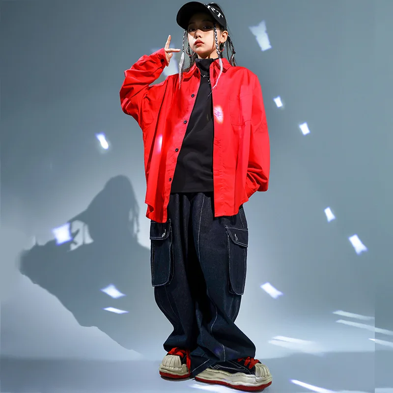 

Kids Jazz Dance Clothes Hip Hop Red Shirt Denim Cargo Pants Loose Suit Boys Breaking Hiphop Performance Costume Stage BL12245