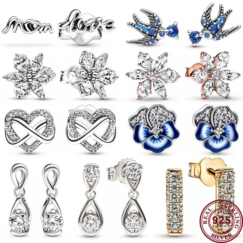 Hot Selling 925 Sterling Silver Mother's Day Love Heart Snowflake Original Women's Water Drop Logo Earrings DIY Charm Jewelry