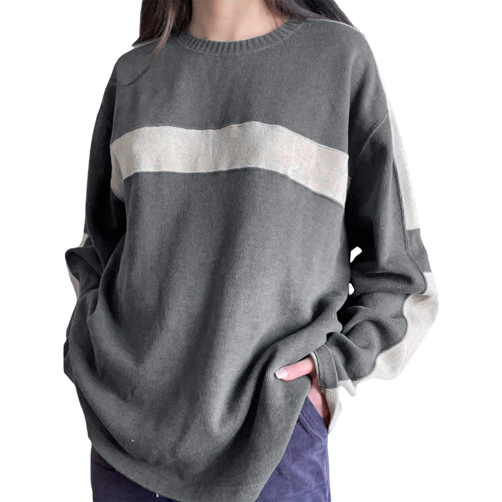 

Combhasaki Womens Y2K Grunge Kawaii Goth Spring Autumn Casual Sweatshirt Long Sleeve O Neck Contrast Color Loose Pullovers
