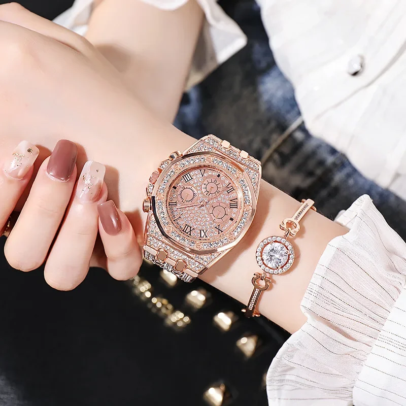 Stainless Steel Strap Watch Stylish Women's Rhinestone Inlaid Stainless Steel Quartz Watch Colorful Dial Decorative for Ladies