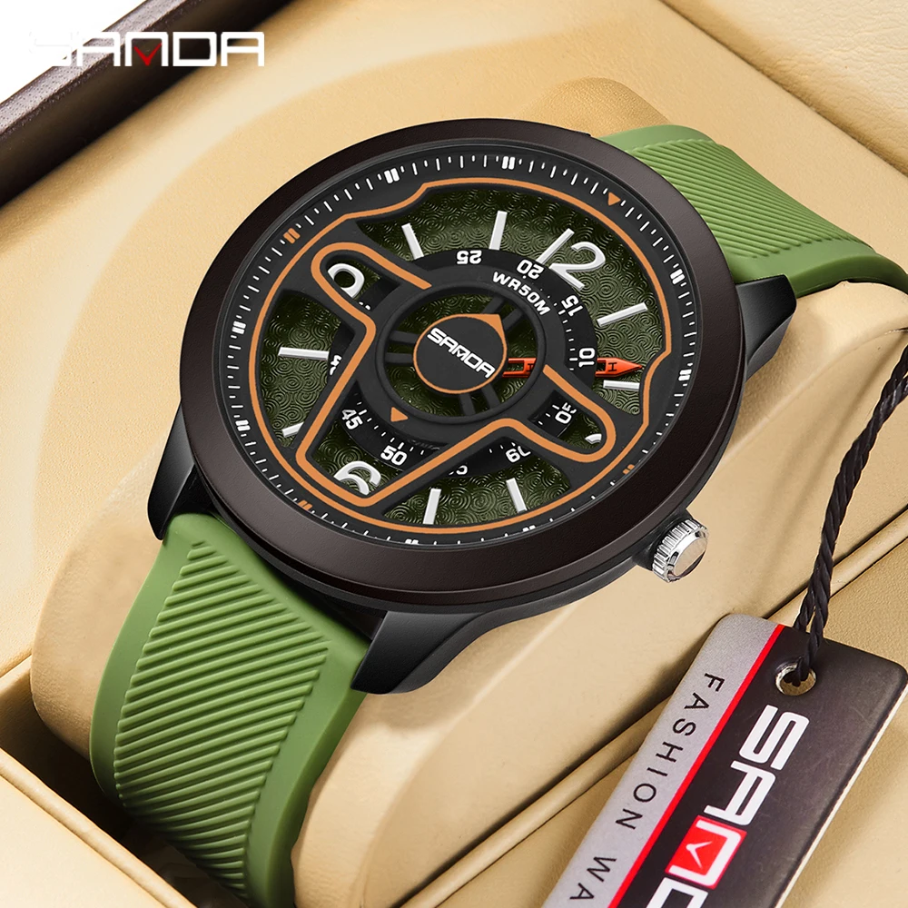 

SANDA 9023 Casual Personality Classic Precision Men's Quartz Watches Racing Silicone Fashion Sports 3D Car Steering Wristwatches