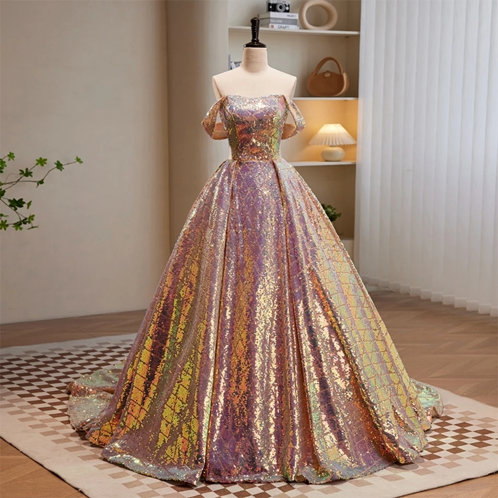 

Champagne Gold Evening Dresses Shiny Boat Neck Sequin Pleat Chapel Train Temperament Party Princess Luxury Ball Prom Gowns New
