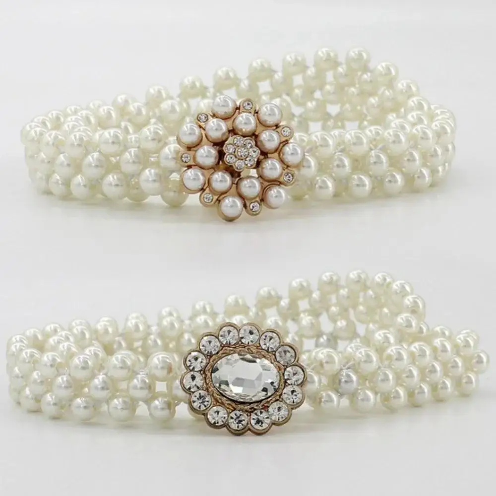 Women Elegant Dress Decoration Belt Thin Fashion Pearl Waist Chain With Skirt Simple Diamond Woven Pearl Belts Accessories