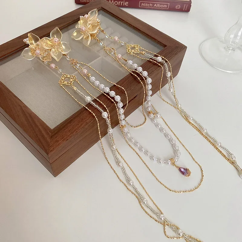 Neue Chinesische Stil Strass Blume Haar Clips Imitation Perle Lange Quaste Haarnadeln Original Entenschnabel Clip Hanfu Zubehör