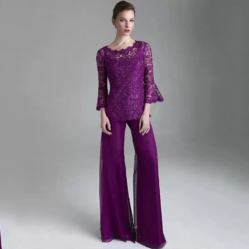 

Purple Lace Mother Of The Bride Pant Suits Sheer Jewel Neck Long Sleeves Wedding Guest Dress Plus Size Chiffon Mothers Evening