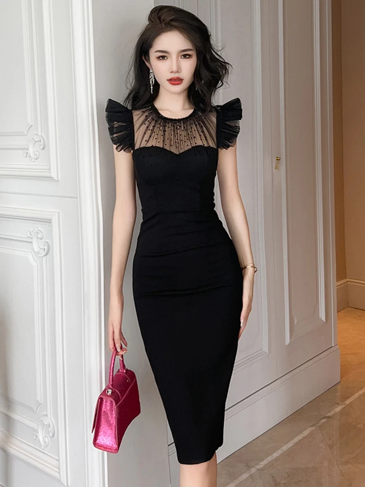 2023 Celebrity Sexy Black Dress for Women Perspective Mesh Spliced Short Sleeve Split Robe Female Party Prom Runway Vestido Lady