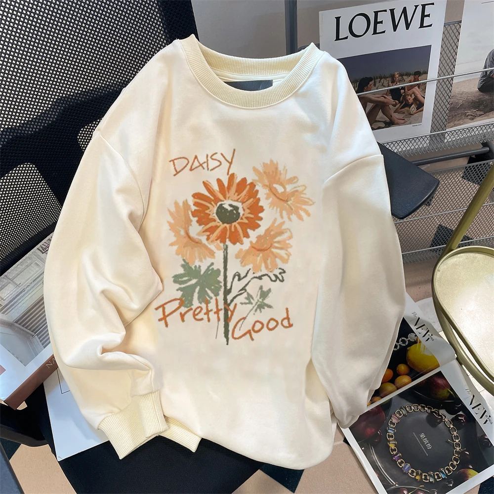 

Daisy Flower Print Vintage Sweatshirt Autumn Fashion Sunflower Women's Long Sleeve Loose Casual Pullover Female Bottoming Tops