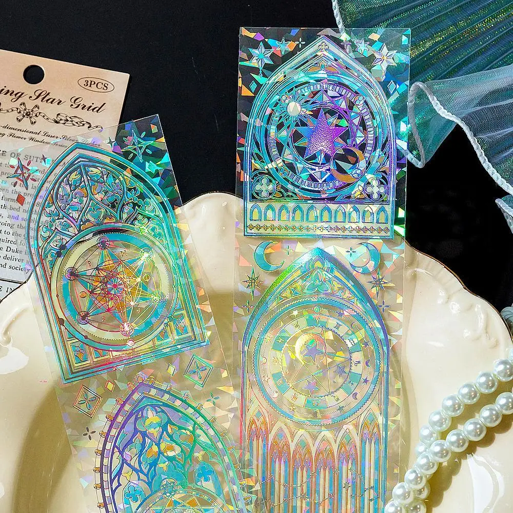 Lot De 60 Autocollants Holographiques Pour Scrapbooking - Motifs Vitrail Cathédrale, Transparents à Paillettes, Pour Journal, Cartes, Décoration