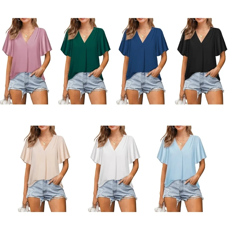 

Women Solid Color Short Sleeve Chiffon Shirt Summer Holiday Top And Blouses