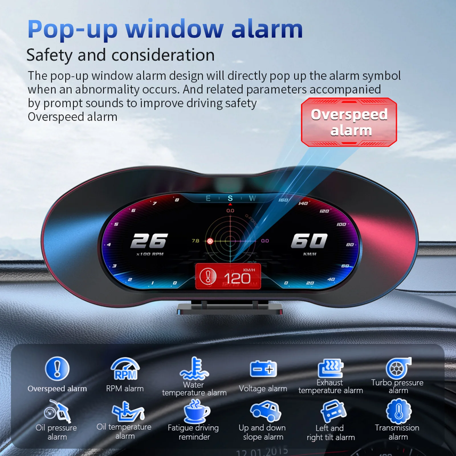 P5 OBD GPS 자동차 HUD LCD 경사계 온보드 컴퓨터 디지털 헤드업 디스플레이 속도계 내비게이션 디스플레이 알람 수온/유온계