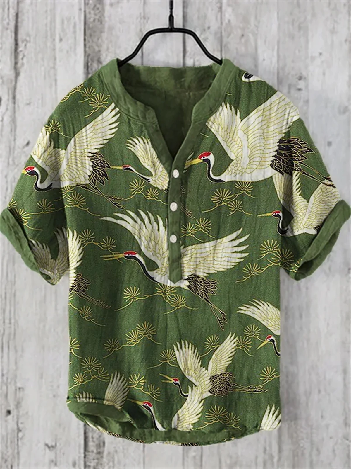 

Men's cardigan three-breasted linen shirt ink color bamboo 3D digital printing casual short-sleeved shirt large size fast delive