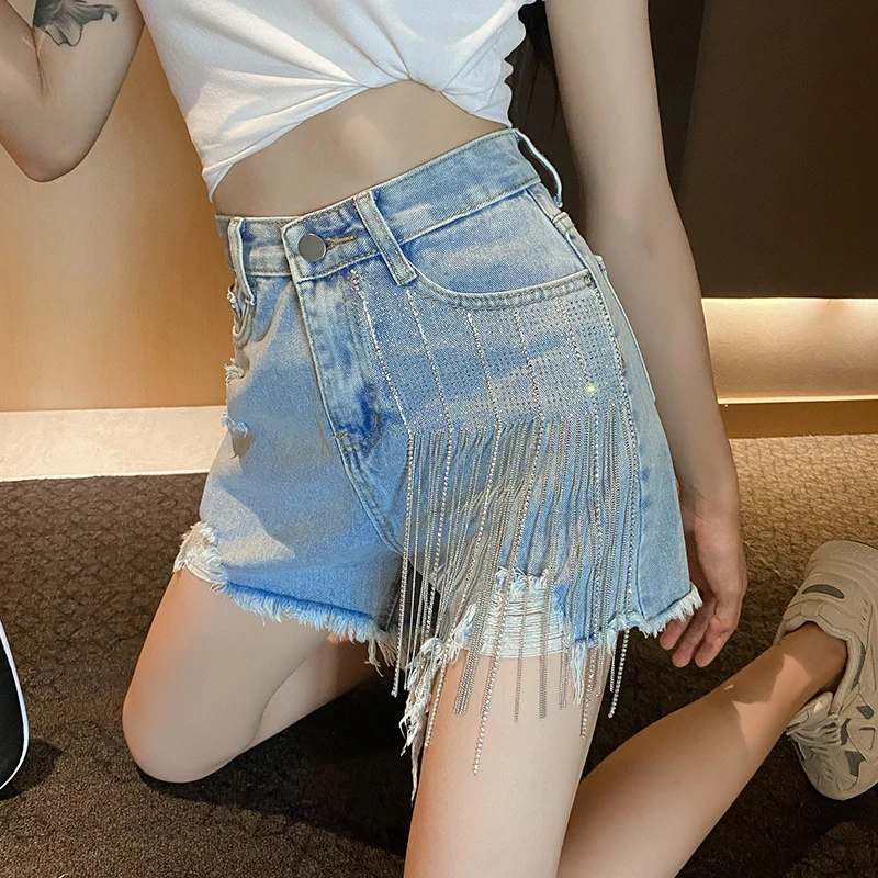 Fashion Tassel Denim Shorts Women's 2024 Summer High Waist Slimming Loose Wide Leg Denim Short Trousers Outerwear Nice Hot Pants