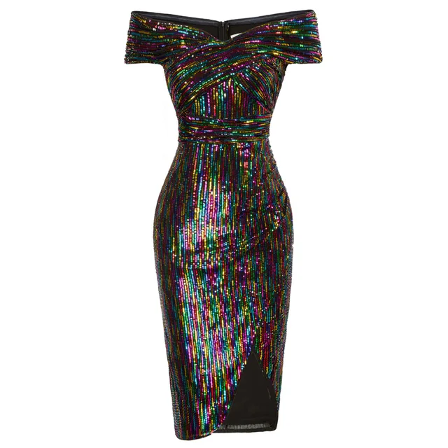 Off Shoulder Ruched Wrap Hem Sequin Dress