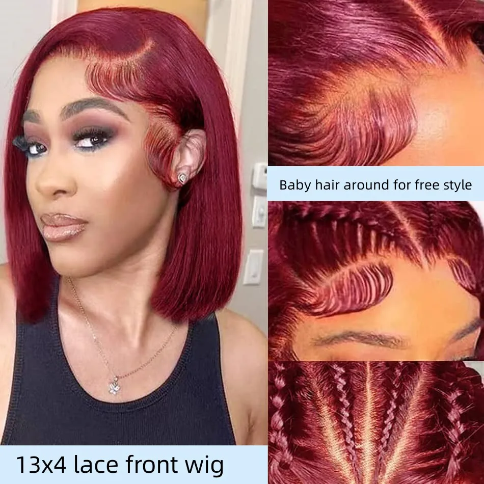 Short Bob Cut Straight Human Hair Bob Wigs 13x4 Lace Frontal Human Hair Wig 99J Burgundy Bob Wigs Lace Front Human Hair Wigs