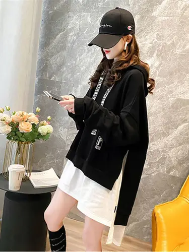 하라주쿠 패치워크 레저 맨투맨 후드티 여성용, 블랙 글자 프린트, 세련된 하이 스트리트 스타일, 얼짱 스타일, 여성 스웨터 3