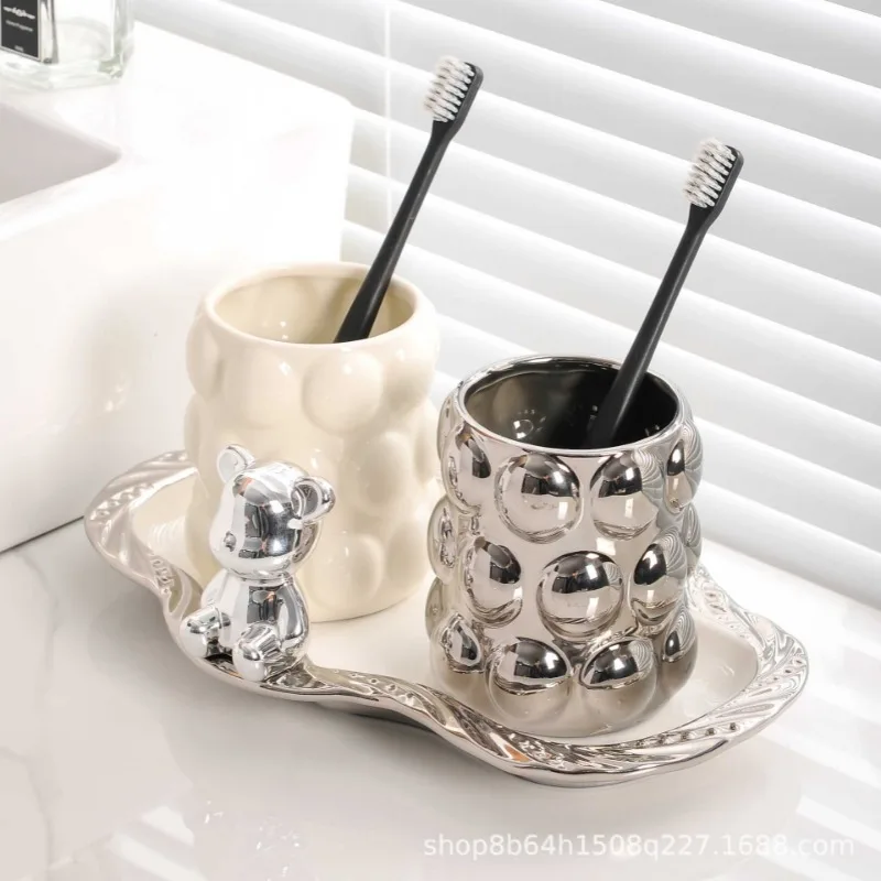 Electroplated Ceramic Mug Set Lovers Double Toothbrush Cup Gift Home Toothbrush Cartridge Cup Bathroom Accessories