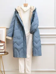 Long Winter Duck Down Jacket Women Quilted Warm Oversize Thick Hooded Coat Fashion Big Pocket Casual Parkas Outdoor Coat