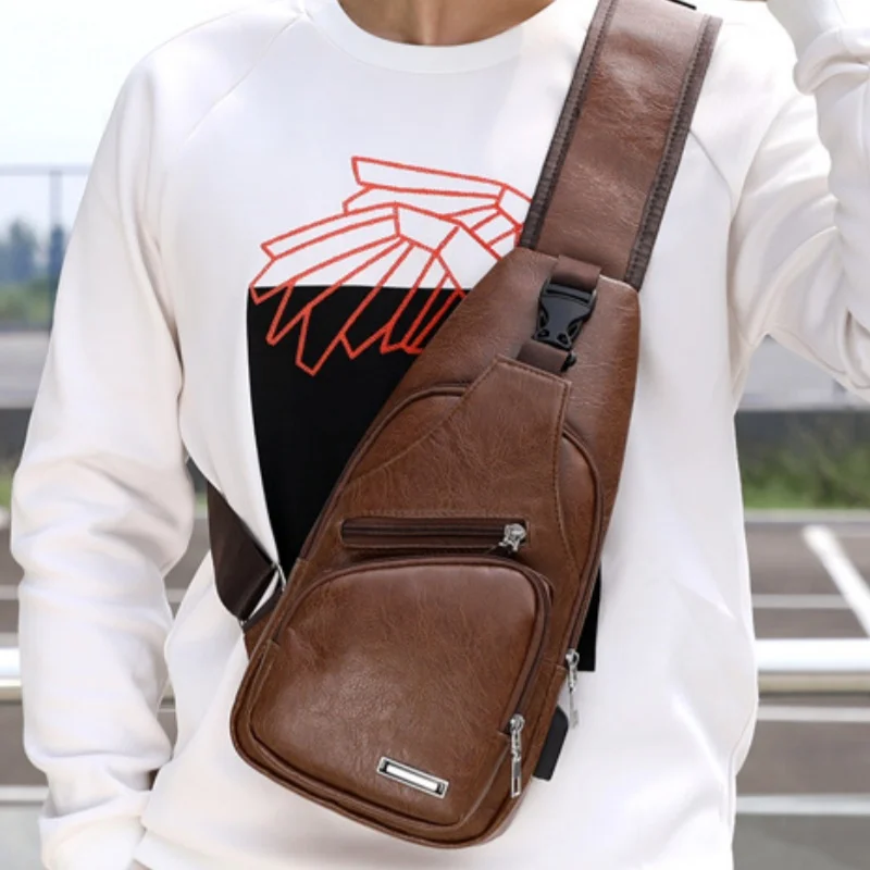Vintege Solid Color Soft PU Leather Multifunctional USB Charging Mens Chest Bag Zipper Shoulder Crossbody Bags for Men Daily Use