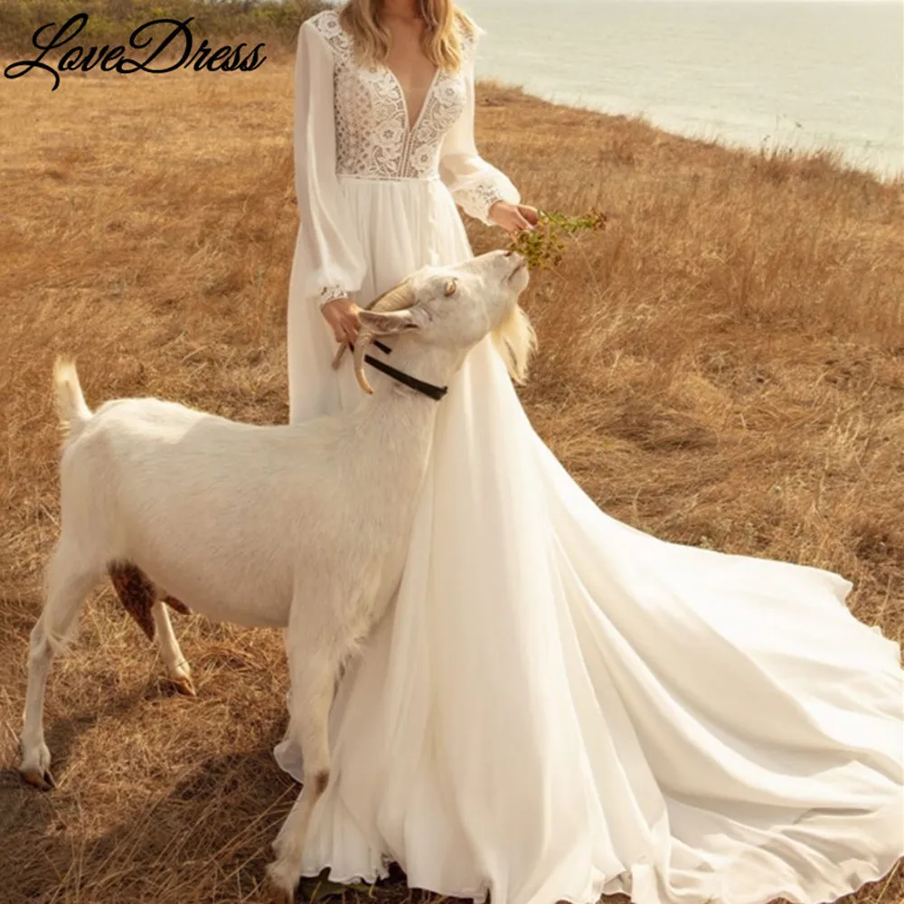 Robe de mariée Boho en mousseline de soie, col en V profond, manches longues lanterne, appliques en dentelle, ceinture simple, robe de mariée, train dos nu