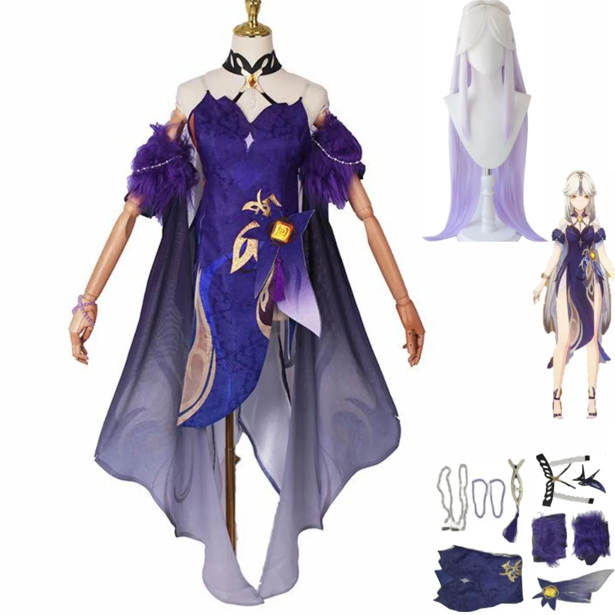 

Anime Game Genshin Impact Ningguang Cosplay Costume New Skin Orchid Evening Gown Ning Guang Wig Dress Woman Sexy Party Suit