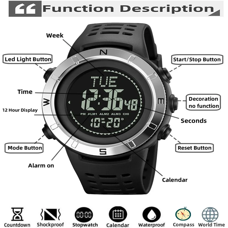 Skmei Electronic Compass Digital Watches for Mens Multiple Time Zone LED Waterproof Sports Wristwatch 3 Alarm Clock view 2