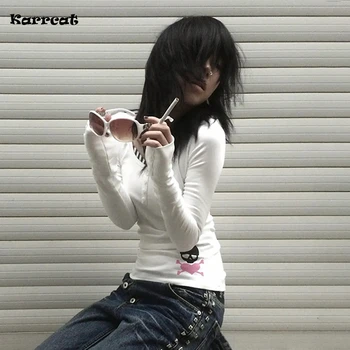 Karrcat Trashy Y2k Skull Print T-shirt Grunge Aesthetics Fake Two-piece Tops Vintage 2000s Style Streetwear American Retro 90s 1