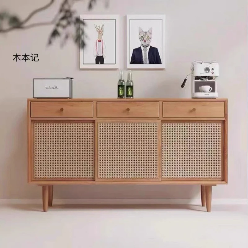 Japanese Solid Wood Sideboards PE Rattan Modern Simple Raise Kitchen Cabinets et Drawers Dining Room Furniture Comedor FYSB