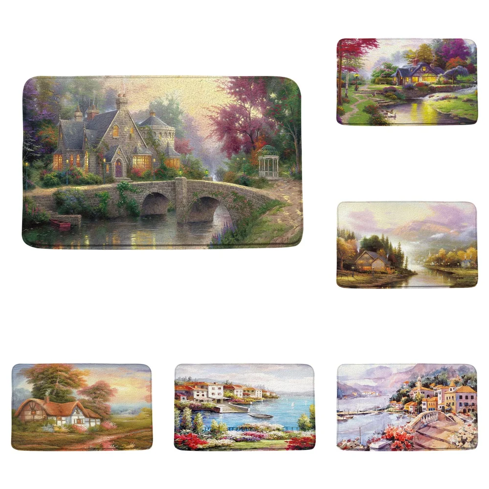 

Country Oil Painting Bath Mats Rug Rustic Bridge Farmhouse Stream Scenery Flannel Bathroom Decor Doormat Carpet Non Slip Backing