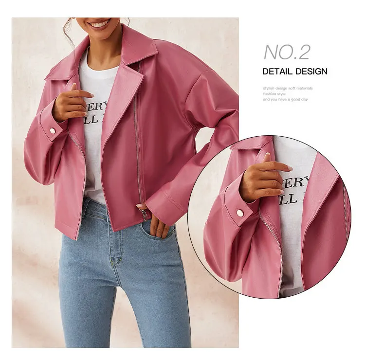 ladies long puffer coat 2022 Spring Fall Collection Women Clothing Crop Tops Dirty Pink Drop Shoulder Zipper PU Moto Jacket ladies parka coats