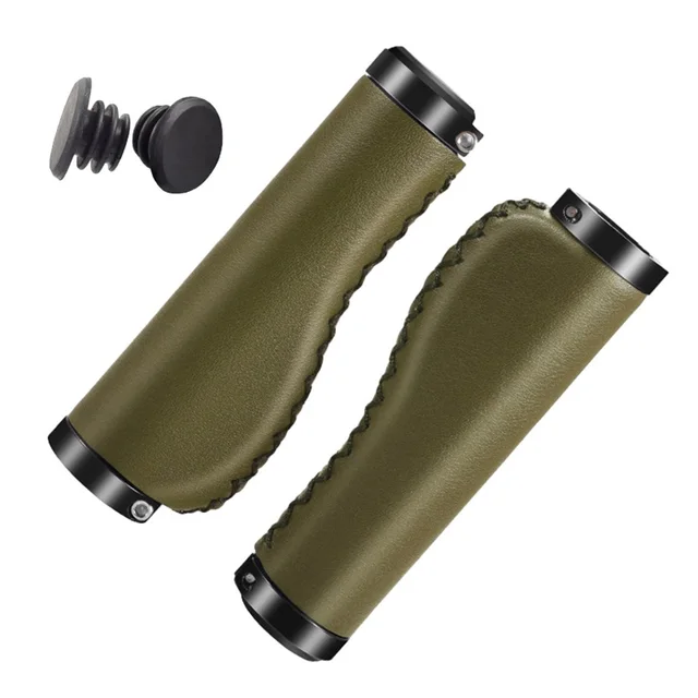 Brown Leather Bike Grips - Shockproof, Non-Slip Handlebar Grips With End Caps For Mountain & Folding Bikes