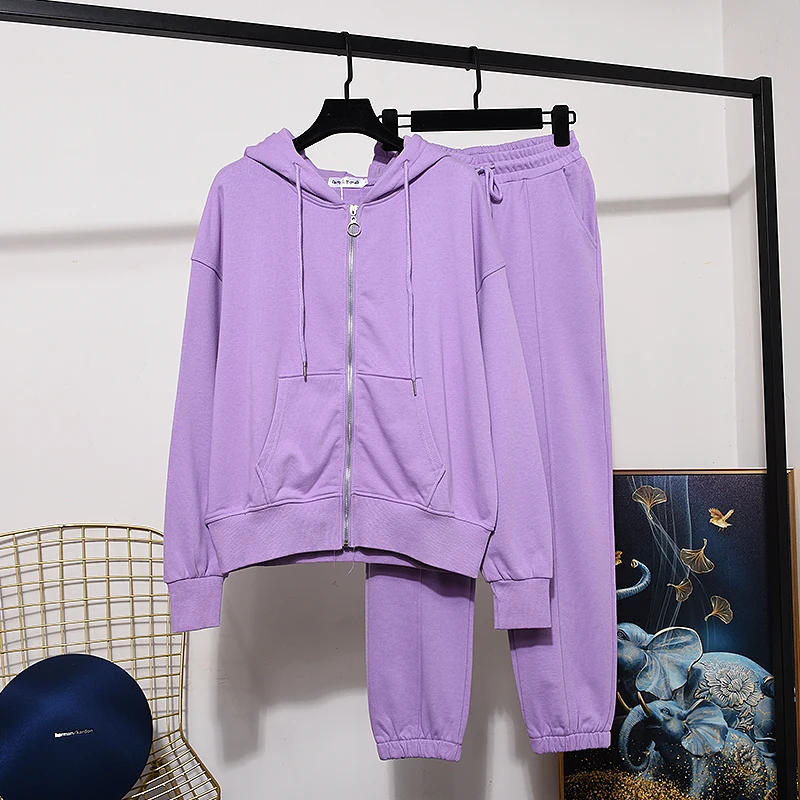 

Autumn New Purple Tracksuit Women Hooded Coat Fashion Long Sleeve Jacket + Casual Pants Two Piece Sets Female Outfits Tide H2606
