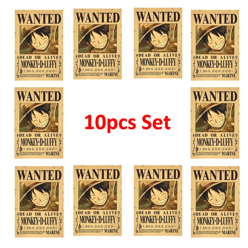 10Pcs Anime One Piece Rufy Newest Bounty Wanted Poster Kid Action Figures Decorazione Da Parete Vintage Poster Toys Room Wall Decora