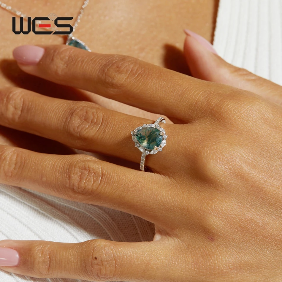 WES 925 Sterling Silver Natural Gemstone 8*10mm Moss Agate Rings For Woman Fine Jewelry Certified Wedding Valentine Party Gifts WES 925 Sterling Silver Natural Gemstone 8*10mm Moss Agate Rings For Woman Fine Jewelry Certified Wedding Valentine Party Gifts