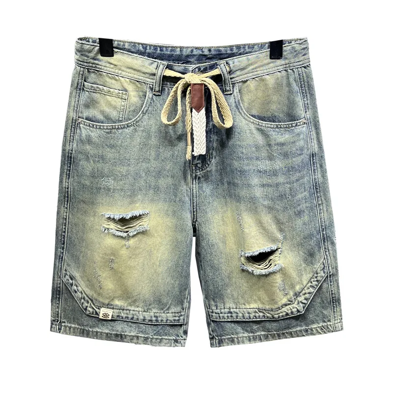 Nostalgic Ripped Middle Pants Denim Shorts Men's Summer Retro Street Trendy Elastic Waist Stretch Distressed Cropped Pants