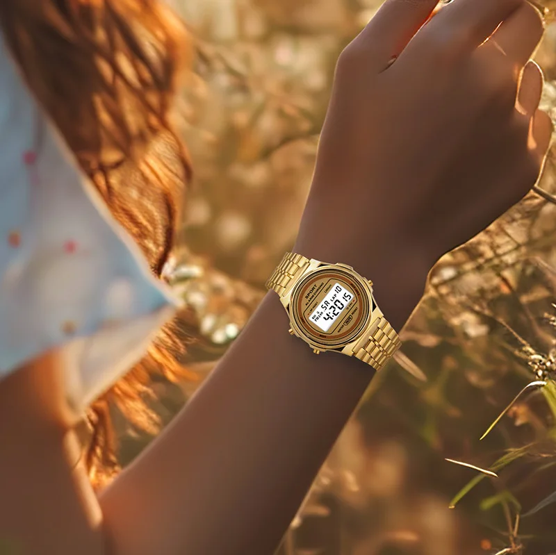 YIKAZE Retro Steel Strap Watch Women's Digital Watch Luxury Round Dial Business Clock Multifunction Sports Electronic Wristwatch