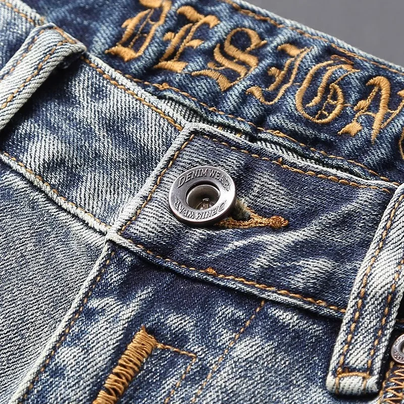 Newly Designer Fashion Men Jeans Retro Washed Blue Stretch Slim Fit Ripped Jeans Men High Quality Vintage Denim Pants Hombre