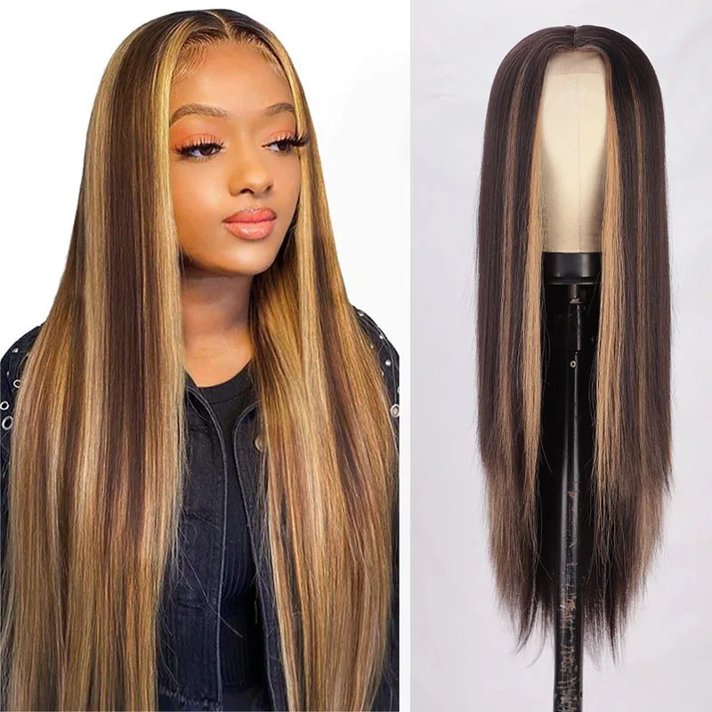 Long Straight Wig Synthetic Hair Middle Part Lace Front Wigs Ombre Brown Glueless Hair Long Straight Wigs For Women Daily Use