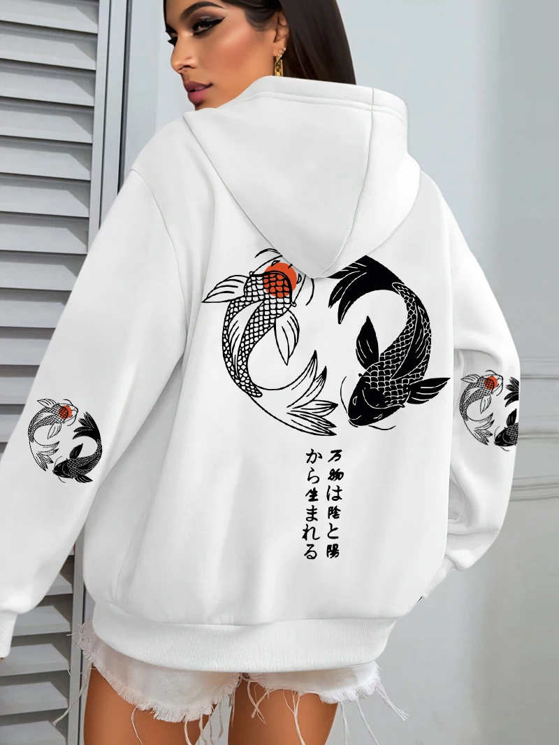 Japonais Koi Harajuku Illustration imprime femmes à capuche ample Y2K à capuche multicolore automne sweats à capuche polaire doux femme vêtements de sport