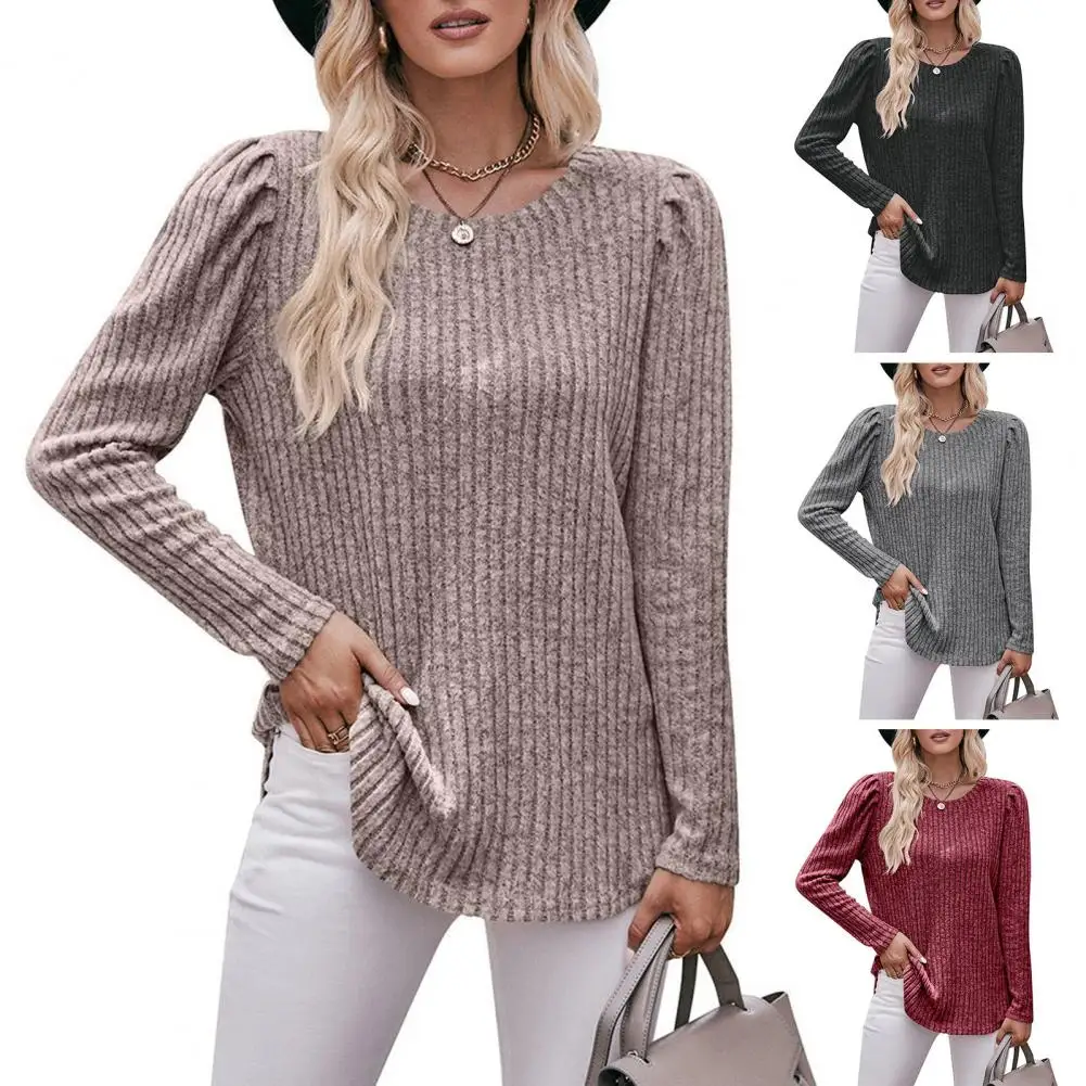 

Autumn Women T-shirts Round Neck Long Sleeve Warm Thread Texture Solid Color Mid Length T-shirts for women ropa de mujer