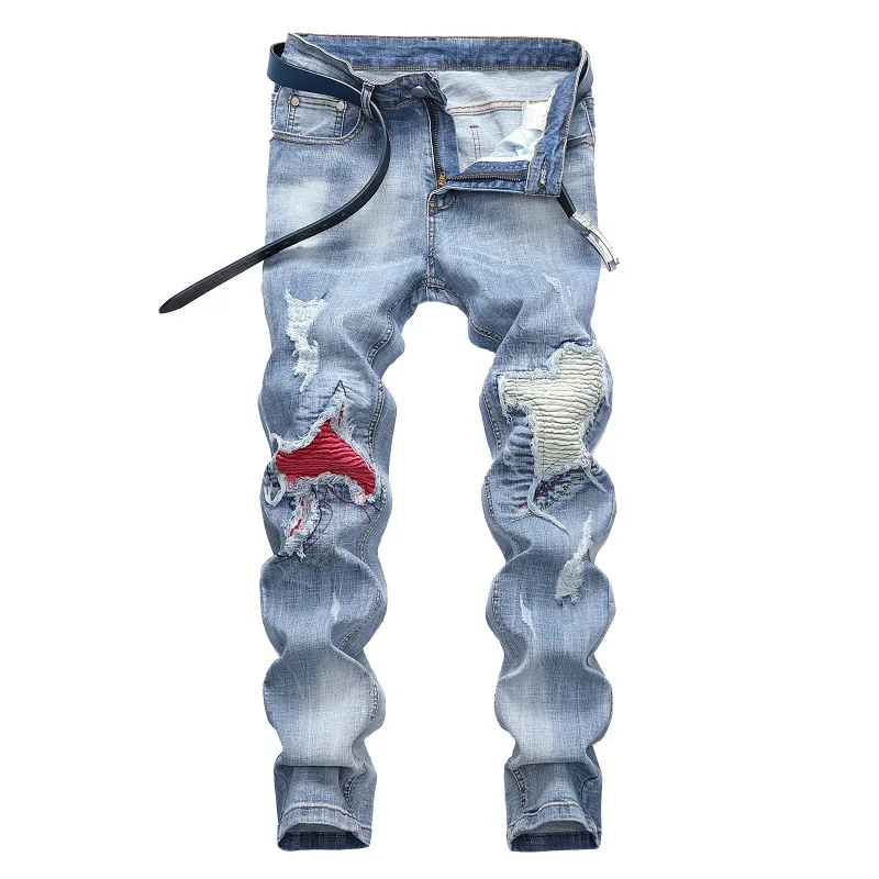 Men's Personalized Ripped Jeans Light Blue Streetwear Stretch Straight Slim Fit Casual Motorcycle Denim Trousers
