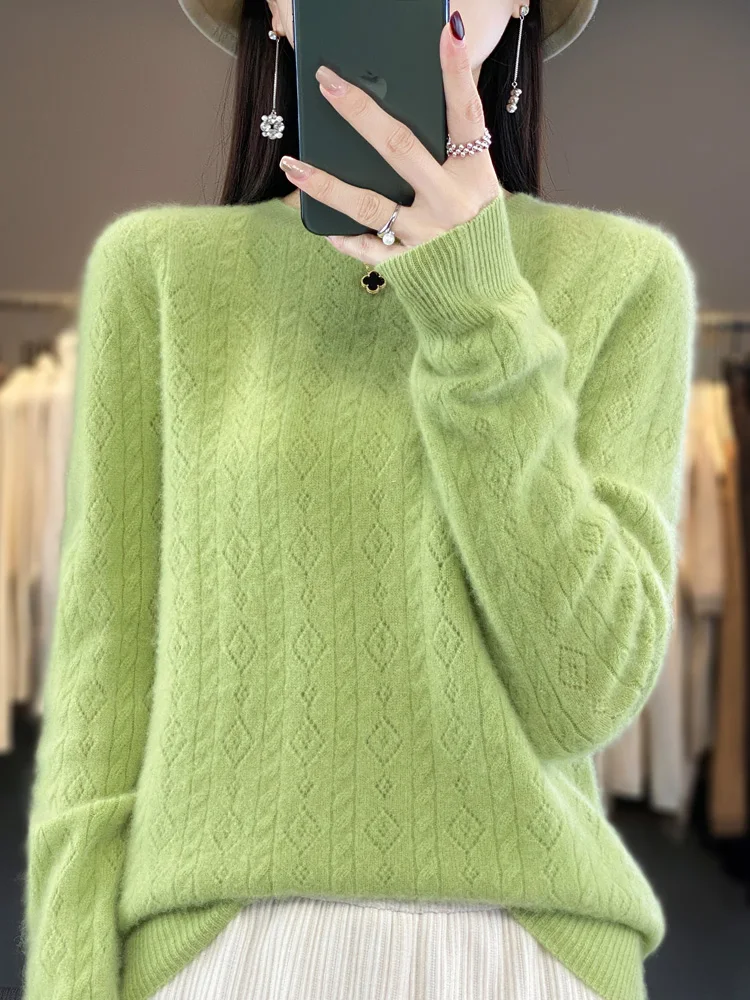 

Autumn Winter 100% Merino Wool Hollow Pullovers Sweater For Women O-neck Long Sleeve Twist Flower Cashmere Knitted Korean Style