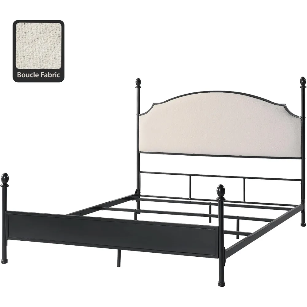 Modern Curved Metal Poster Bed King Size with Boucle Fabric Headboard and Panel Style Footboard, Gunmetal Black