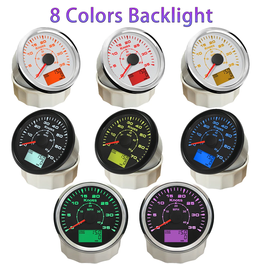 

85mm GPS Speedometers 0-35knots 0-70knots Speed Odometers LCD Display with 8 Colors Backlight for Boat Vessel Yacht Universal