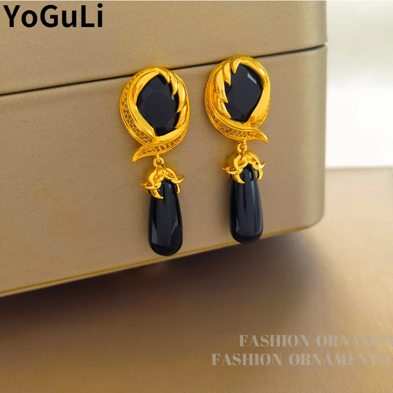

Modern Jewelry Vintage Temperament Black Glass Resin Earrings For Women Party Gifts Simply Design Ear Accessories