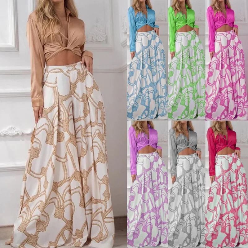 

2023 Newest Women Two Pieces Sets Sexy V-Neck Long Sleeves Shirt Elgant Floral Print Wide Leg Pant Suit Casual 2pcs Set Women